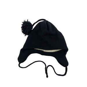Igloos Black Wool Knit Eat Flap Hat Winter Pom Pom Ball Unisex Adult One Size
